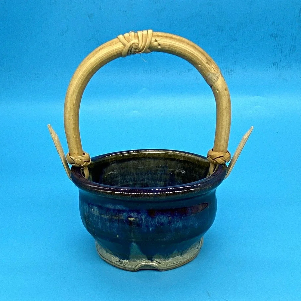 Vintage Studio Art Pottery Basket Bowl Blue Purple Glaze Bamboo Handle Signed